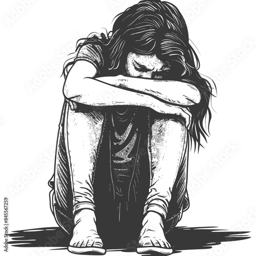 Ink Sketch: Despondent Teen Girl Crouched, Arms Hugging Legs, Long Hair Hiding Face, Barefoot.