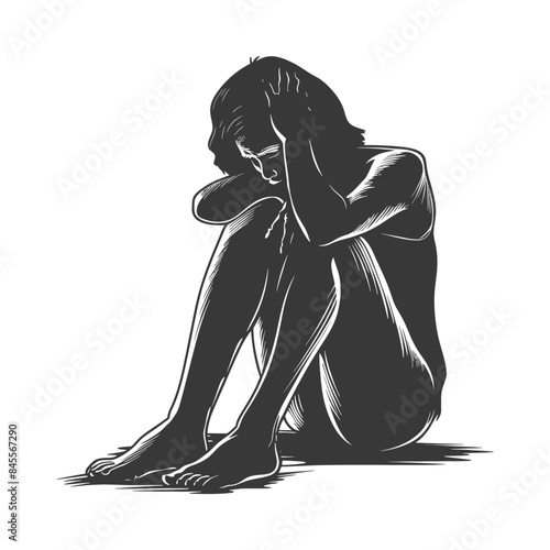 Hunched Figure: Stylized Black and White Depression Illustration