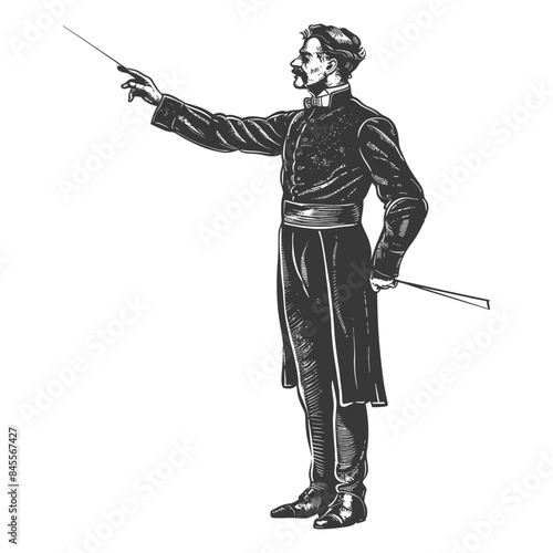 Conductor, Baton Raised, Detailed Engraving, Vintage Style.