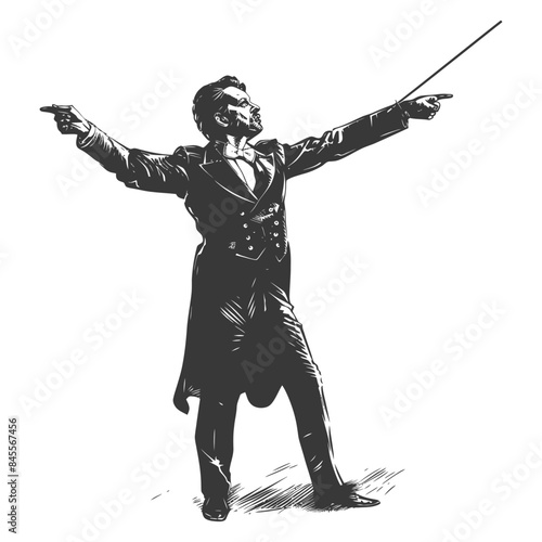 Dynamic Conductor: Orchestra Leader in Engraving Style, Arms Extended
