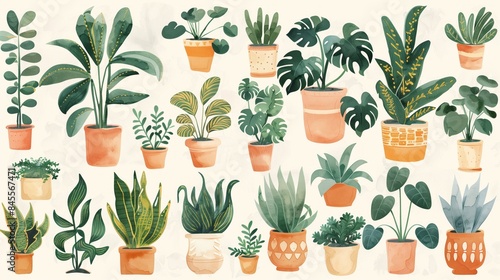Potted plants collection on a pastel background. Home gardening concept. icons and stickers set photo