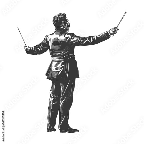 Conductor's Back: Engraved Style Orchestra Leader with Baton, Classic Formal Attire.