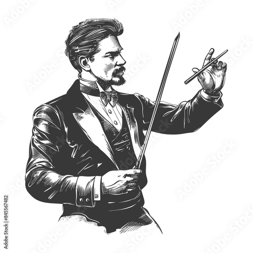 Victorian-Era Conductor Sketch: Bowtie, Baton, and Engraved Precision.