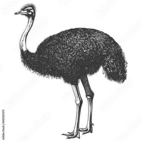 Antique Engraving of an Emu, Vintage Bird Illustration on White.