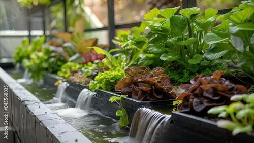 A small aquaponics garden set up on a balcony with miniature waterfalls and cascading plants.