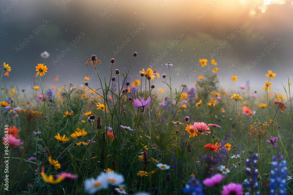 A field of wildflowers drenched in morning dew, with each droplet glistening under the soft rays of the rising sun, creating a dreamlike and tranquil landscape A field of wildflowers drenched in morning dew, with each droplet glistening under the soft rays of the rising sun, creating a dreamlike and tranquil landscape