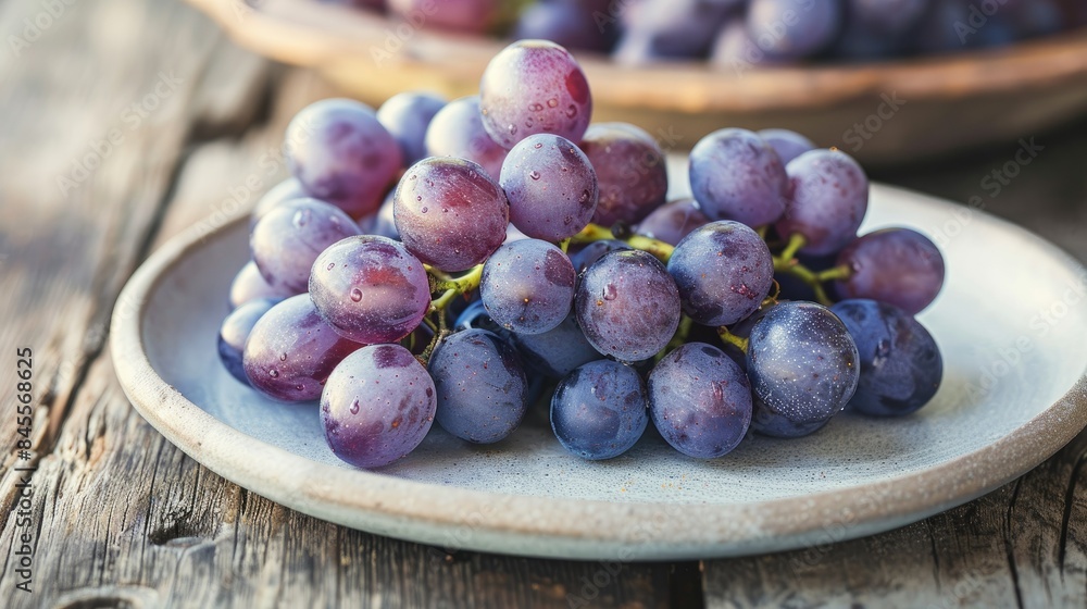 Close-up shot of purple grapes on a clean white plate, with a rustic wooden table underneath. Close-up shot of purple grapes on a clean white plate, with a rustic wooden table underneath.
