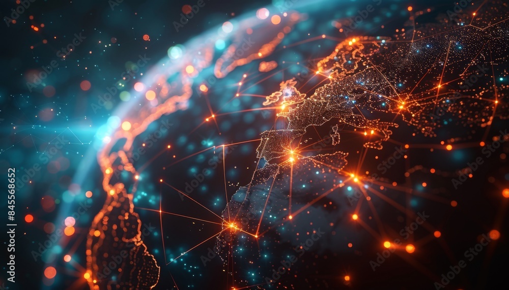 Fototapeta premium Global Network, High-tech global network interface with glowing connections, showcasing the future of worldwide digital infrastructure