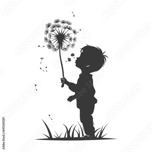 silhouette little boy blows dandelion flower black color only