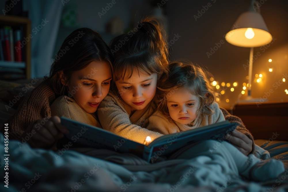 Loving Mother: Reading to Children in Bedroom Loving Mother: Reading to Children in Bedroom