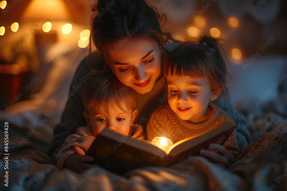 Nighttime Tale: Mother and Kids in Pajamas Nighttime Tale: Mother and Kids in Pajamas