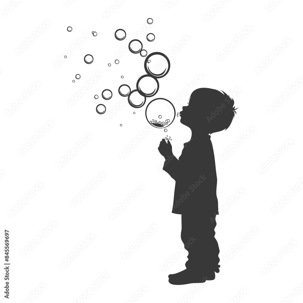 silhouette little boy blow soap bubbles full body black color only silhouette little boy blow soap bubbles full body black color only