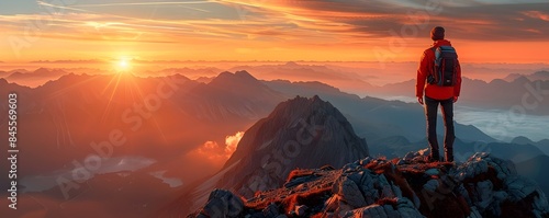 Mountain Trekker Witnessing the Dawn Breaking over Majestic Peaks in Serene Wilderness Landscape