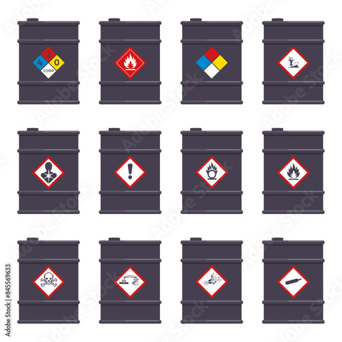 Set of icon chemical barrels with NFPA hazard pictogram symbols