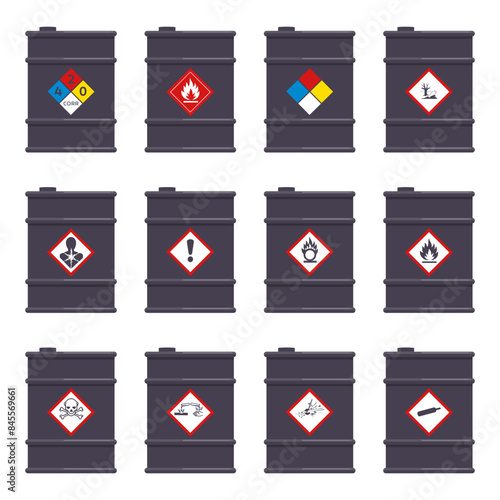 Set of icon chemical barrels with NFPA hazard pictogram symbols