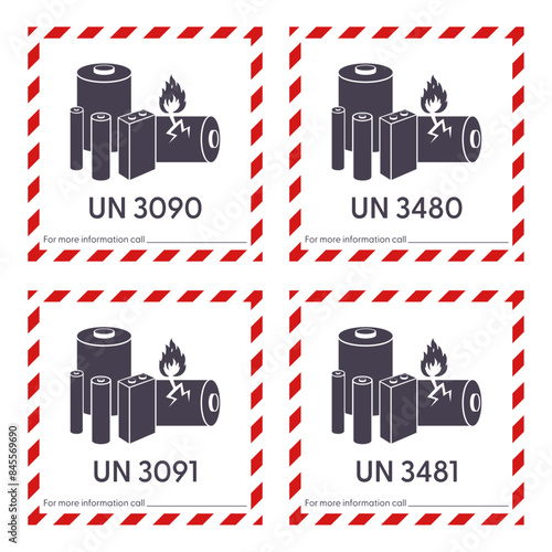 UN3090, UN3091, UN3480, UN3481 lithium ion battery shipping labels vector set