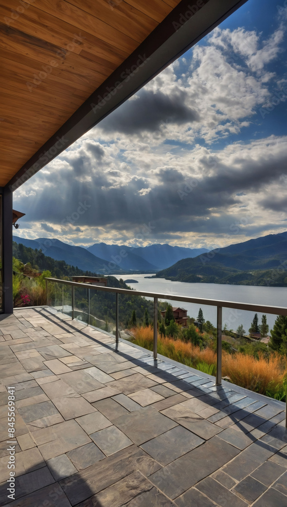 Terrace of modern house overlooking lake, mountains. Terrace of modern house overlooking lake, mountains.