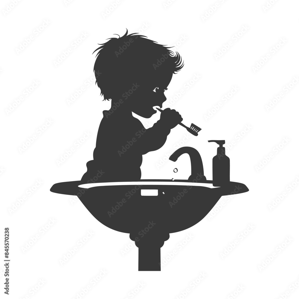 silhouette little boy brushing his teeth black color only silhouette little boy brushing his teeth black color only