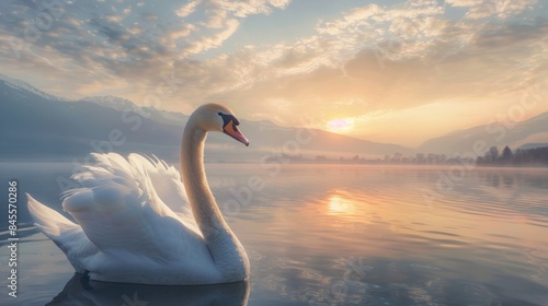 Fototapeta Naklejka Na Ścianę i Meble -  beautiful swans swimming in the lake with a mountain backdrop