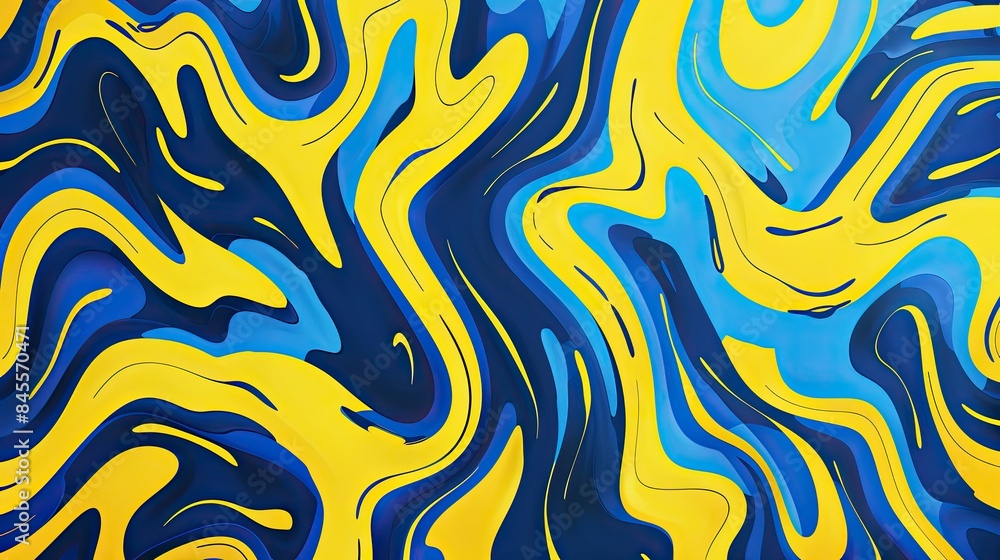 Fototapeta premium Playful neon yellow and blue flowing lines and shapes forming a lively pattern.