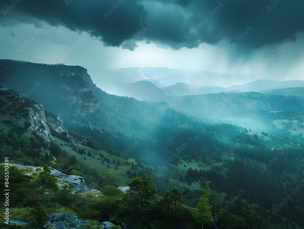 Majestic Thunderstorm Engulfing Rugged Mountain Range in Dramatic Landscape of Natural Serenity Majestic Thunderstorm Engulfing Rugged Mountain Range in Dramatic Landscape of Natural Serenity