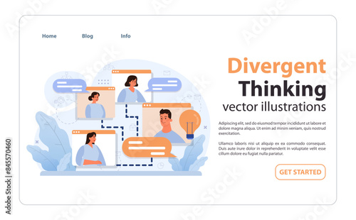 Team collaboration in divergent thinking. Flat vector illustration
