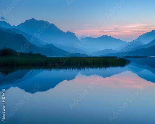Majestic Mountain Reflection in Serene Lake at Twilight Capturing Natural Serenity © Thares2020