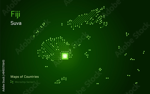 Fiji Map with a capital of Suva Shown in a Microchip Pattern with processor. E-government. World Countries vector maps. Microchip Series	