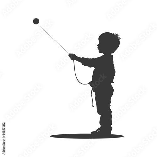 Silhouette of a Young Boy Playing with a Tethered Ball, Isolated on White.