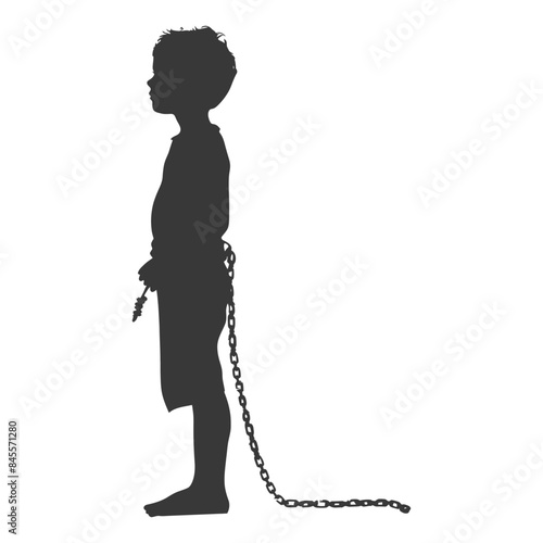 Chained Childhood: Silhouette of Boy Burdened by Shackles, Loss of Innocence Concept.