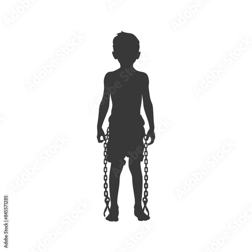 Chained Childhood: Silhouette of Boy Burdened by Heavy Chains.