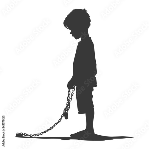 Child Silhouette: Boy Standing, Head Down, Holding Chain with Padlock, Isolated.