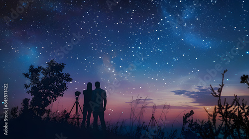 Two people lie on grass, looking up at the star-filled night sky, in peaceful togetherness.