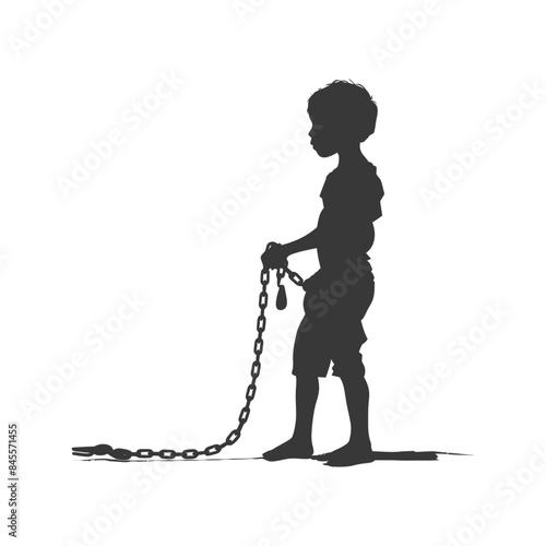 Chained Childhood: Silhouette of a Young Boy with Heavy Chains, White Background, Symbolic Burden.