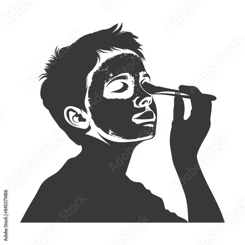 Monochrome Silhouette: Young Boy Applying Face Paint with Brush, Eyes Closed, Artistic Expression