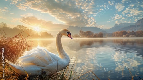 Fototapeta Naklejka Na Ścianę i Meble -  beautiful swans swimming in the lake with a mountain backdrop