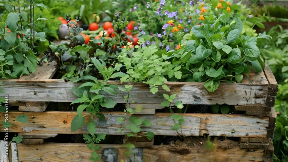 A unique garden bed made from upcycled pallets teeming with fresh vegetables and herbs. A unique garden bed made from upcycled pallets teeming with fresh vegetables and herbs.