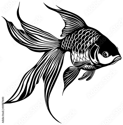 Illustration in black of a goldfish with long fins, isolated 