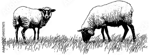 Sheep grazing in a meadow illustration in black, isolated 