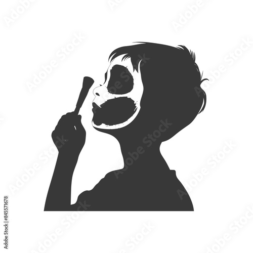 Silhouette: Boy Applying Skeleton Face Paint with Brush, Halloween Theme