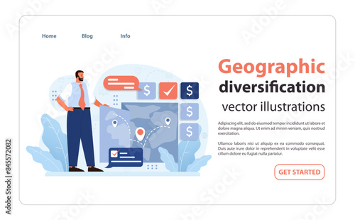 Confident businessman presents geographic diversification strategy. Flat vector illustration