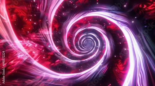 Spiraling neon red and white lines and stars forming a lively  energetic pattern.