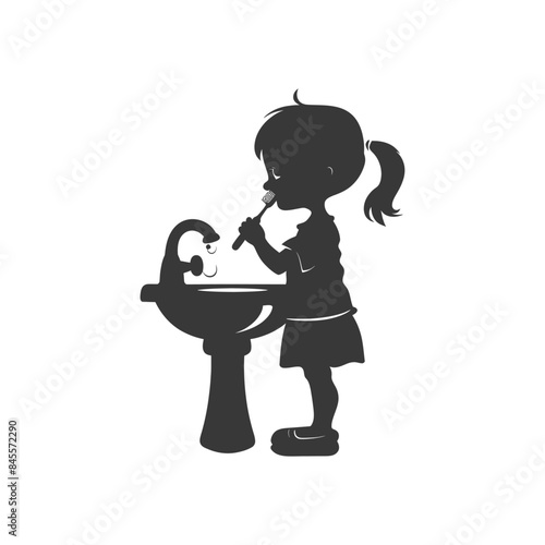Silhouette of Girl Brushing Teeth with Animated Sink, Dental Hygiene Icon