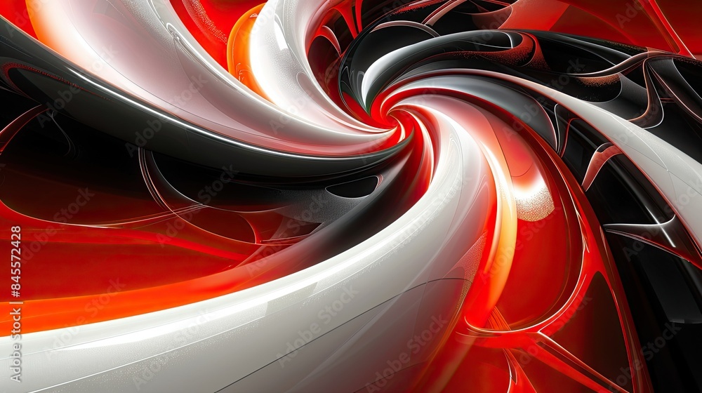 Spiraling neon red and white shapes and curves forming a dynamic, playful design Spiraling neon red and white shapes and curves forming a dynamic, playful design