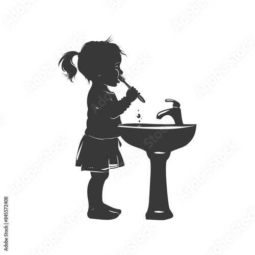 Silhouette of a Little Girl Brushing Teeth at Sink: Hygiene Routine, Vector Art