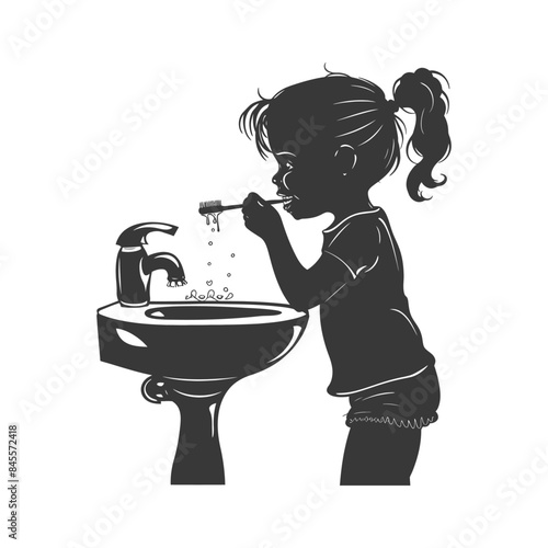 Silhouette Girl Brushing Teeth at Sink: Dental Hygiene Vector.