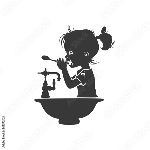 Silhouette: Girl Brushing Teeth at Ornate Sink, Dental Hygiene, Cleanliness Routine.