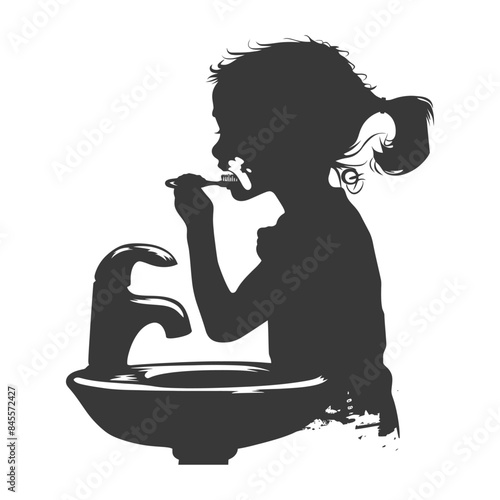 Silhouette: Girl with Ponytail Brushing Teeth at Sink, Daily Hygiene.