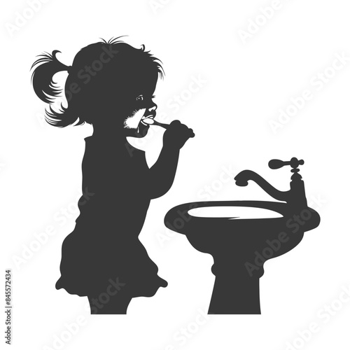 Silhouette of a Little Girl Brushing Teeth by Antique Sink: Dental Hygiene Illustration.
