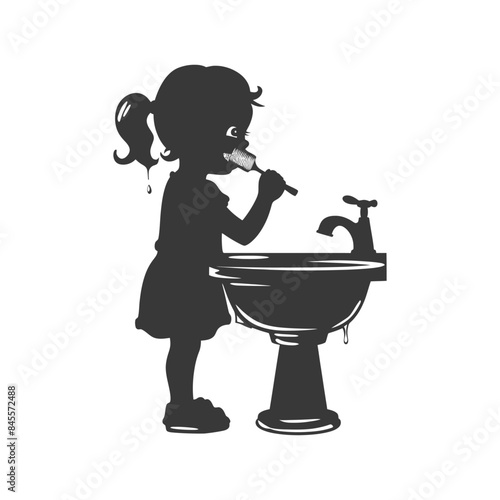 Silhouette of a young girl brushing teeth at a pedestal sink.